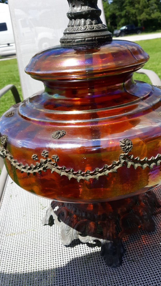 Hollywood Regency Large Iridescent Carnival Glass Lamp: Falkenstein? Hollywood Regency Large Iridescent Carnival Glass Lamp Mid Century the lamp is in very good condition very pretty colors 35" tall from bottom to top of harp about 13" wide at widest point