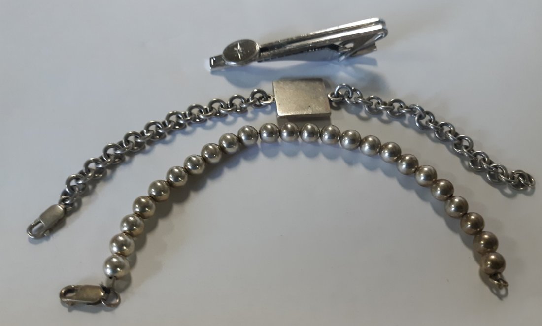 sterling and diamond lot bracelets & tie clip: gorgeous vintage 60's foster sterling silver and diamond tie clip. 2 beautiful sterling bracelet one with a square center other one is the beaded design both are sterling and approx 7 1/2" length see 