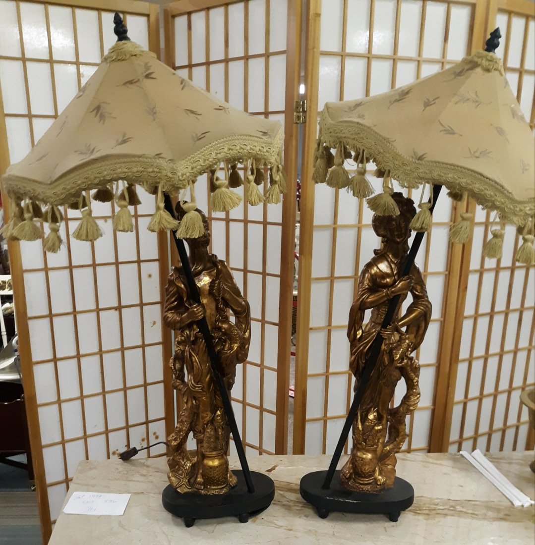 Rare Large Vtg Asian Figural Lamps pair w/parasol pair (1 of 12)