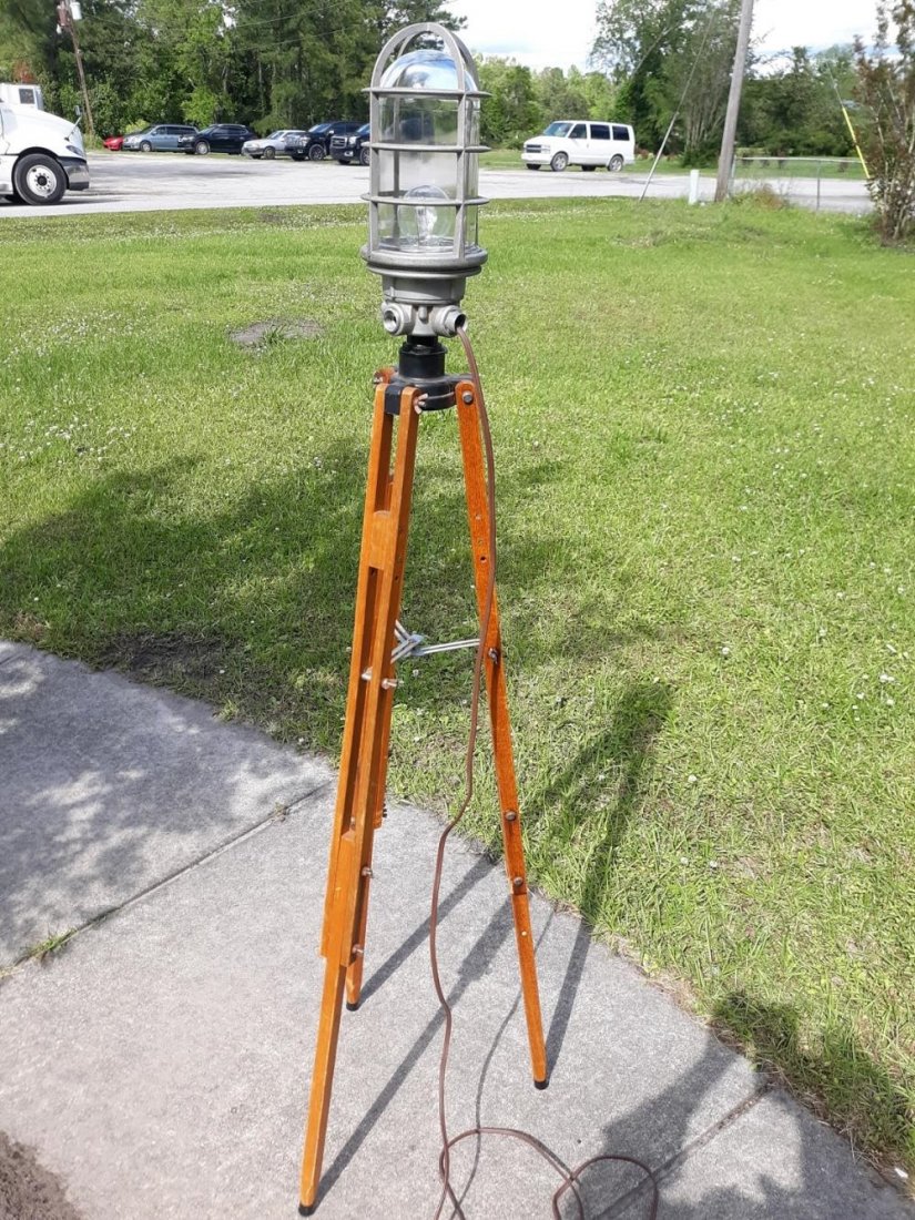 Industrial Mid Surveyor Tripod Lamp Gorgeous!: great combination of industrial and MCM! antique wood surveyor or telescope frame with an industrial explosion proof cage light made by killark excellent condition works great stands 62" tall and can 