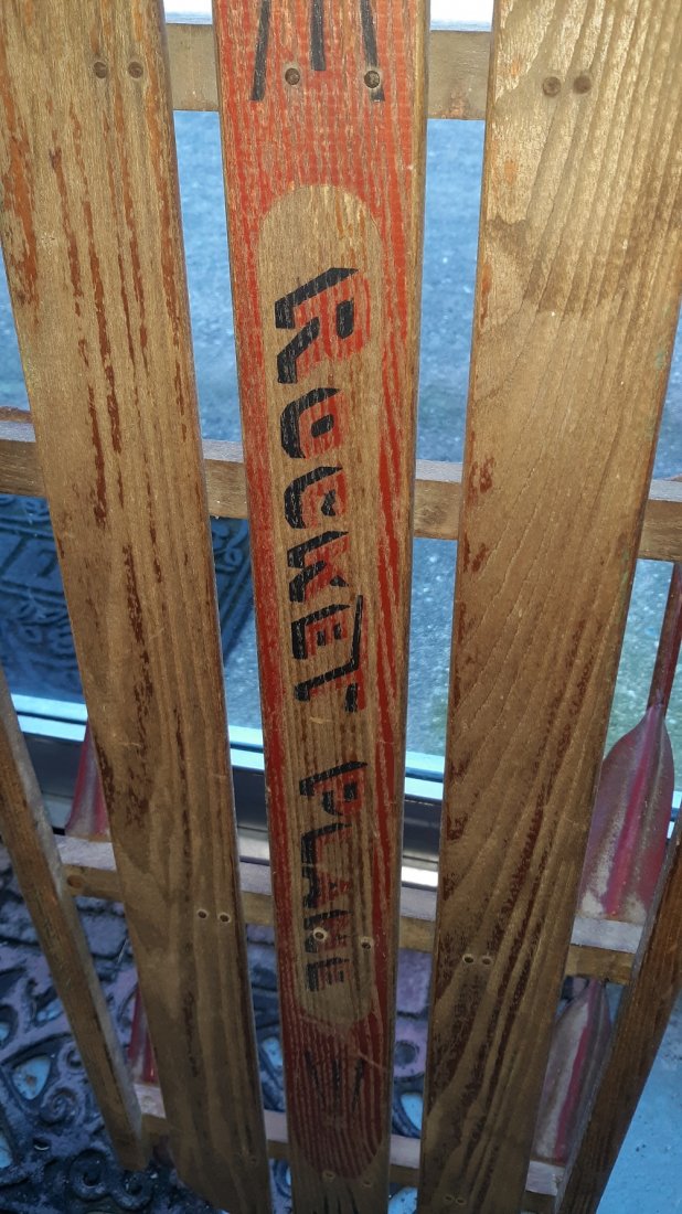 Vintage Original Rocket Plane Wood Metal Runner Sled: Vintage Original Rocket Plane Wood Metal Runner Sled looks to be in good condition see pics marked on back 250 Acme Mfg PA