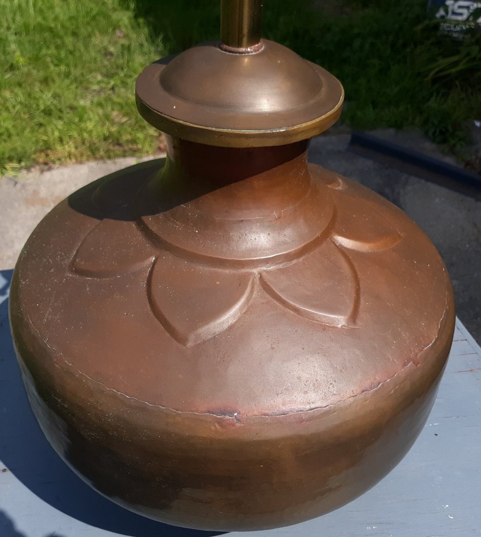 Mid Century Morris Greenspan Brass and Copper Lamp: Gorgeous Mid Century Morris Greenspan Brass and Copper Lamp. hand joinery great patina would look amazing polished out too! very good condition 28" to the harp top 18 to bulb socket 13" diameter check