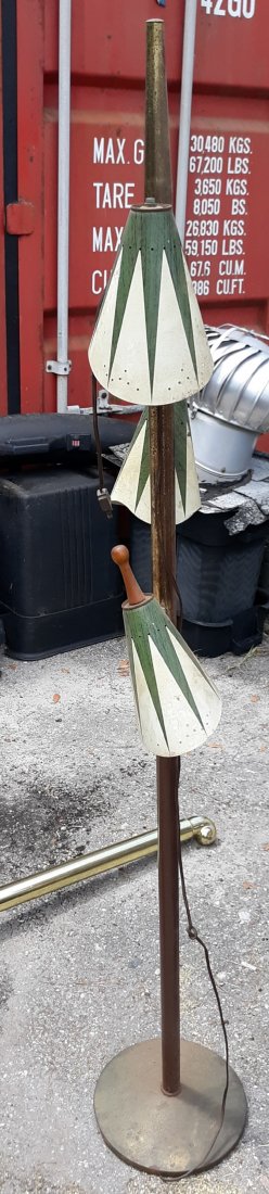 Mid Century Atomic Shade Floor Lamp: cool mid century atomic shade pole floor lamp as is, rough defintely needs resto. shades and pole have rust but would look awesome repainted missing wood handle aimer. 66' tall see pics
