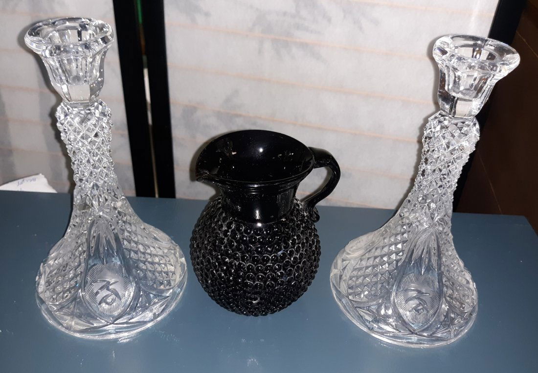 Wheel cut crystal candle holders & amethyst Hobnail Pit (1 of 3)
