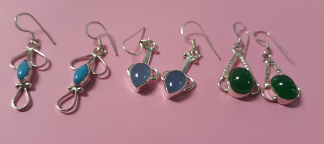 gorgeous Pairs of Sterling Earrings! Lot of 3: 3 beautiful pair of sterling pierced earrings marked 925 turquoise jade chalcedony unsure if lab created or natural? all in excellent condition all 3 sets for 1 bid! see pics