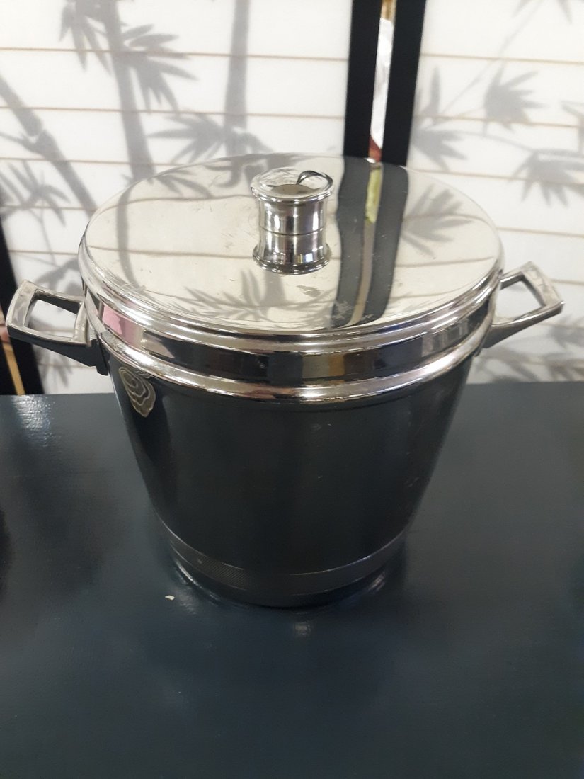 Waterford? Ice Bucket stainless w/tongs: beautiful stainless steel ice bucket with lid and tongs came from same estate that wine cooler was in. maybe Waterford? not marked 9" tall x 11" across handles see pics very good condition