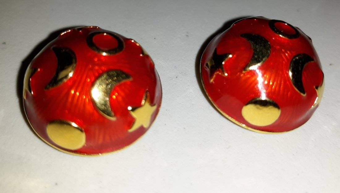 Kenneth Jay Lane Enamel Earrings LQQK!: beautiful candy red enamel over polished gold tone moon and star design clip earrings look unworn gorgeous! retail $150.+ New see pics