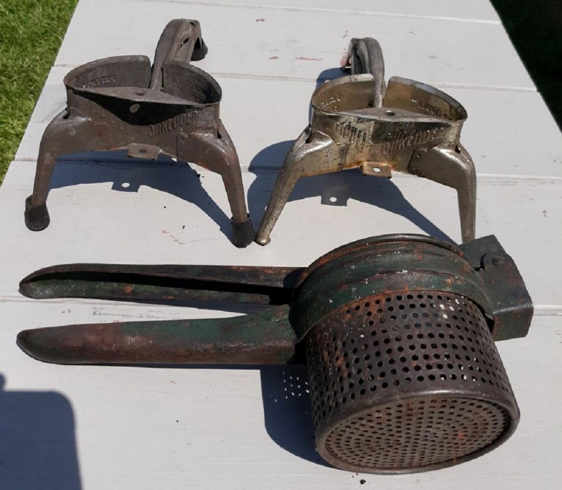 collection of antique shredder or graters presses: nice vintage kitchen shredders or graters 2 by mouli shredder France no internal plates just the presses,one is unsigned all in very good condition see pics all for 1 bid