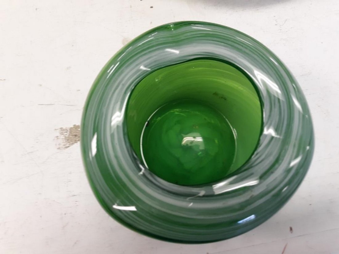 art glass mcm ashtray apple green murano: art glass mcm ashtray apple green Murano? estate art glass mcm ashtray apple green with white Murano? gorgeous estate art glass apple green and white swirl ashtray hand blown 5 1/4\" w x 3\" tall no d