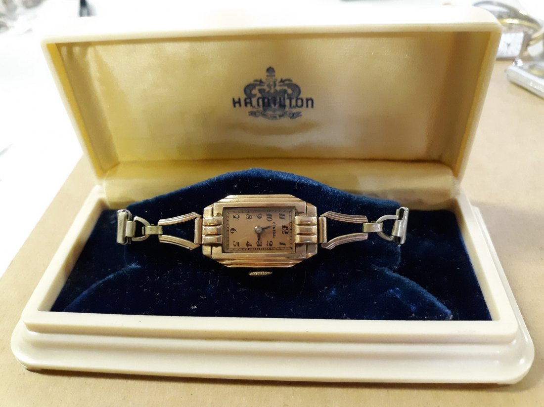 Art Deco Bakelite Hamilton Watch Case and Watch: excellent art deco Hamilton Bakelite watch case and beautiful rose gold color two tone watch by central watch is a great art deco look also but not working possibly just needs a cleaning see pics