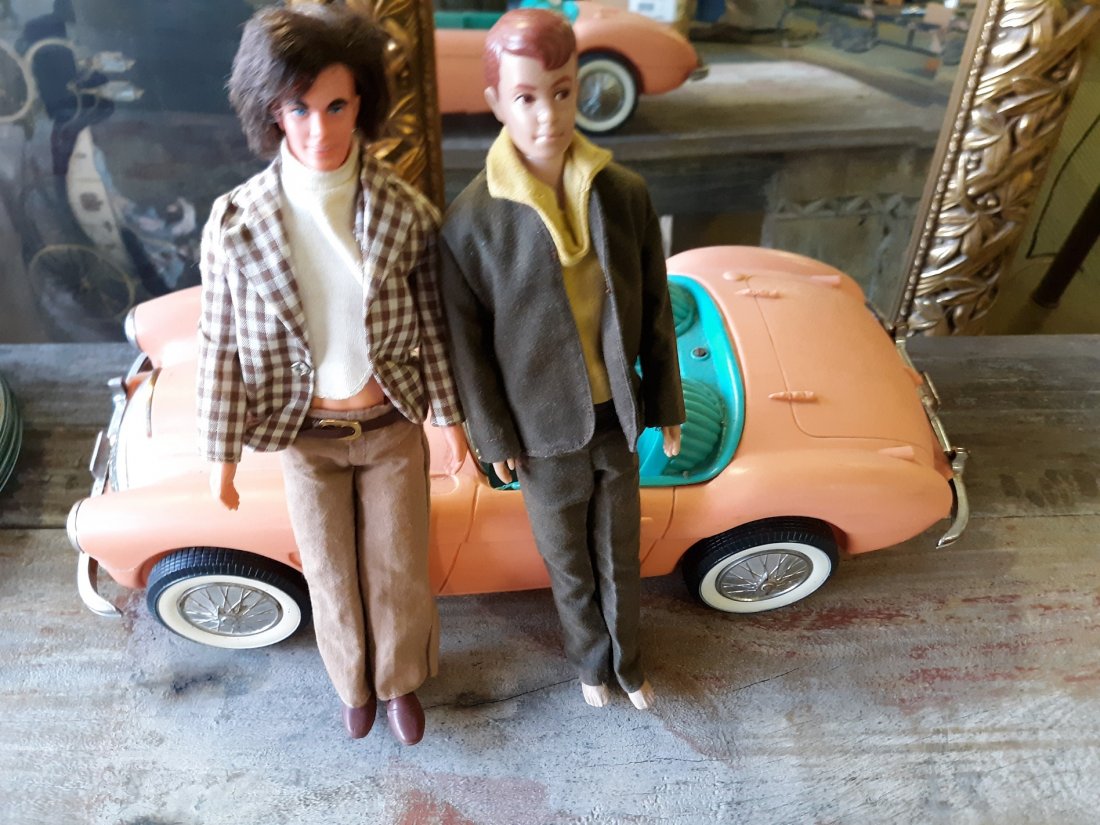 vintage Ken Dolls & Barbie Car Austin Healy: 2 nice vintage ken dolls 12 1/2' TALL ONE IS HONG KONG AND BARBIE CAR AUSTIN HEALY PEACH & GREEEN IN TERIOR AS PICTURED SEE PICS