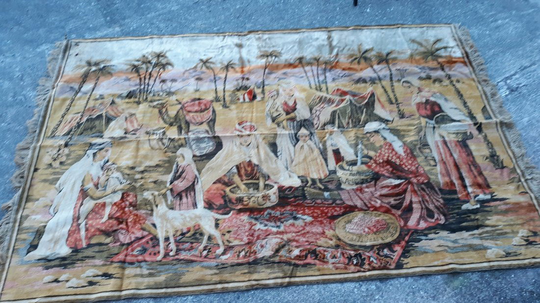 Antique/Vintage French Tapestry: antique vintage french tapestry wall hanging as found in Estate Cedar Chest, condition no holes probably could use to be cleaned i did see some marks on the corners this is an old one please see pic 4