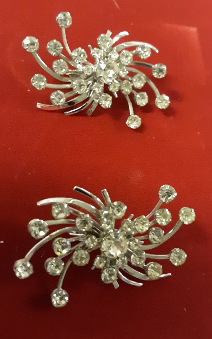 mid century EMJ Atomic rhinestone Earrings: these are to die for atomic earrings breathtaking with beautiful clean rhinestones signed EMJ for Emmons Jewelry 2 1/2" wide x 1 1/2" deep gorgeous for new years eve party see pics