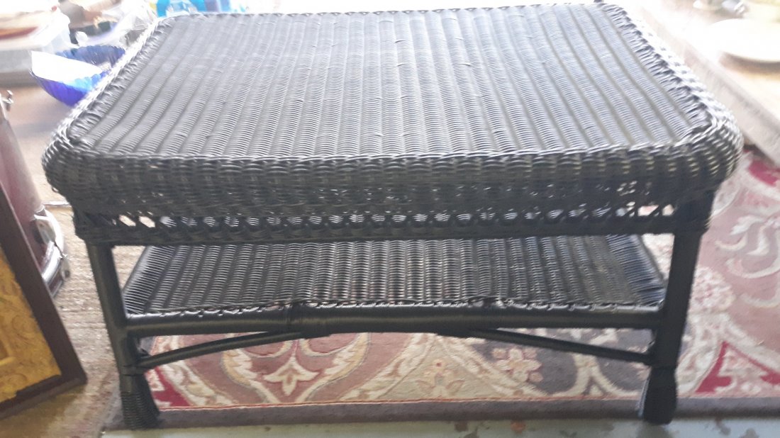 All Weather Wicker Coffee Table: indoor outdoor all weather black wicker coffee table in very good condition 32" x 21" 18 1/2" tall see pics