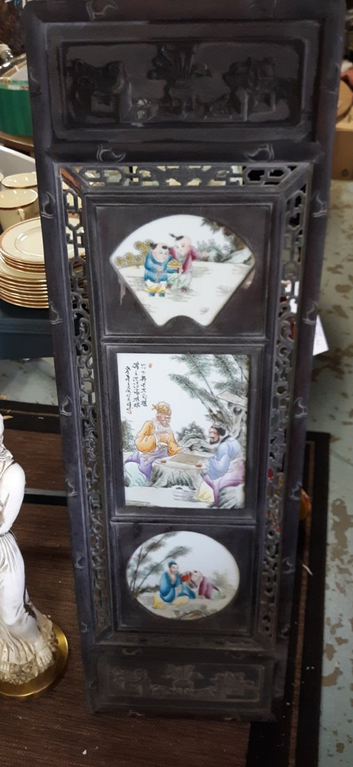 antique teak and hand painted tile 48" storyboard: rare antique teak and porcelain hand painted artist signed story board from the estate could use cleaning some minor loss expected with age So Awesome 48" x 15 " see pics