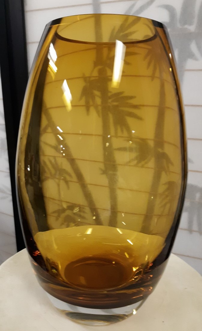 beautiful amber Paperweight Base Vase 12": gorgeous hand made 12" paperweight clear base vase is gorgeous amber color polished rim no damage Czech? Glass no label or marking