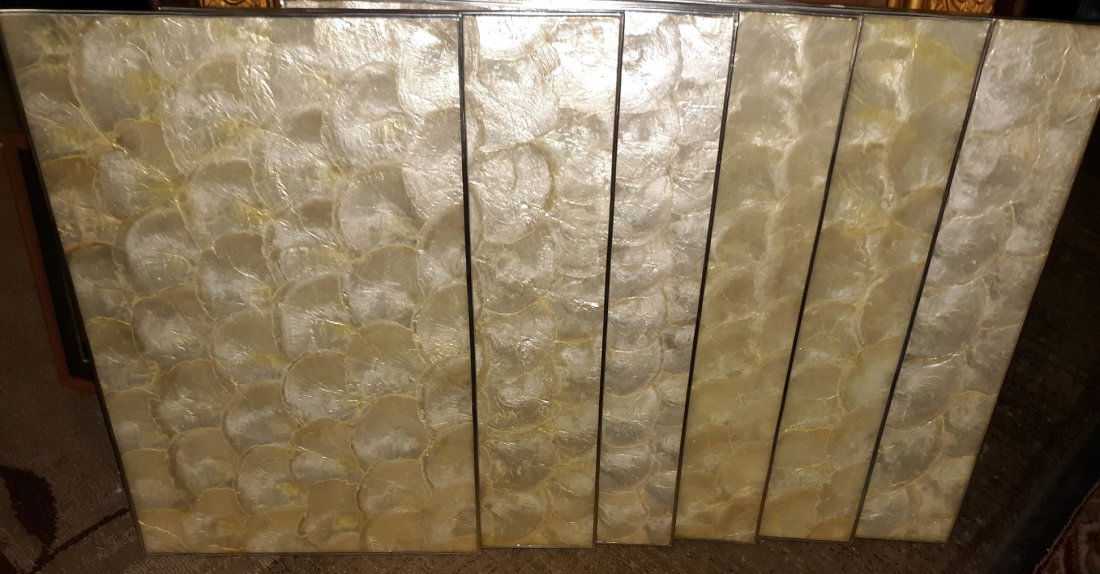 Mid Century Capiz Shell Placemats lot of 6: beautiful made in the Philippines capiz shell placemats set of 6 chrome type edging cork on reverse with orig sticker 18" x 12" gorgeous see pics