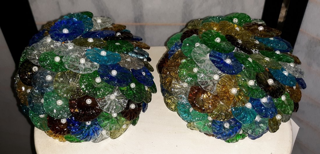 Rare Pair of Murano Disc Lamp Shades Vistosi?: rare to find a pair! murano disc basket shades mid century probably Vistosi? probably boudoir or pendant shades all glass some minor disc loss but you would ave to really look closely they are just go