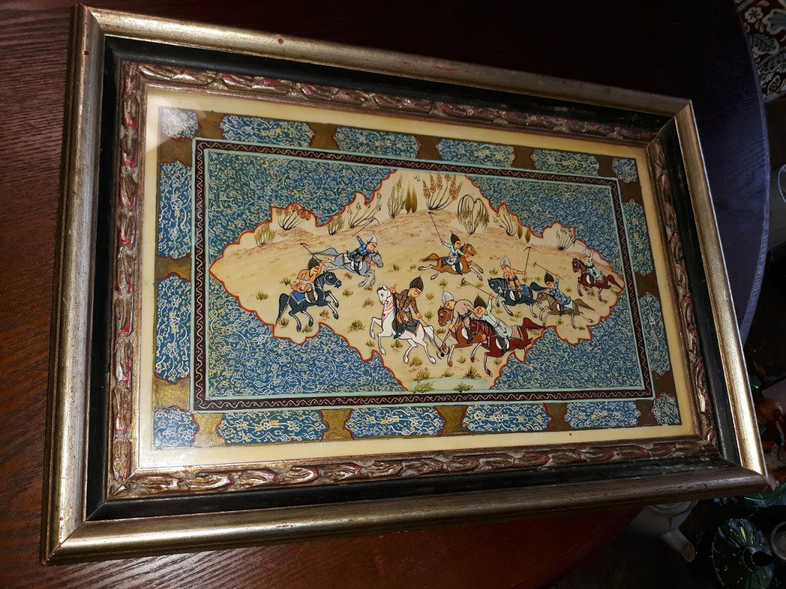 Antique Vintage Chovgan Persian Painting: incredible art work of this antique /vintage persian art painting of Chovgan or polo artist signed 13" x 19" framed VGC see pics