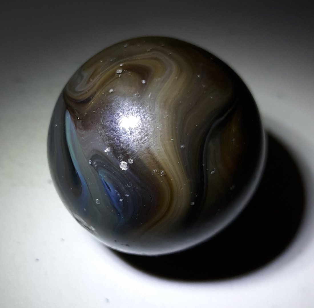 Vintage 1" swirl Shooter Marble German?: beautiful estate fresh 1" swirl with deepy smokey exterior and German lutz type swirling some play chips but very nice. see pics