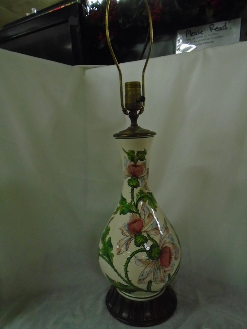Antique Porcelain Flower Lamp: antique porcelain flower lamp with wooden base, cord need to be replaced due to the fact it has been cut. see pics from estate 28" tall from bottom to top of harp no markings in very good condition