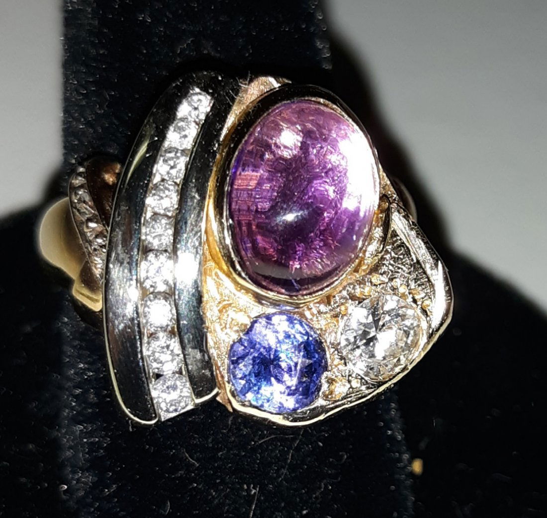 CustomMade Mid Mod 14K Diamonds,Tanzanite,Amethyst Ring: stunning custom hand made mid mod 14K diamonds tanzanite and amethyst ring size 6.5 what can i say but WOW! Provenance about this ring. this ring is all custom made with family heirloom gems! 5/8 cara