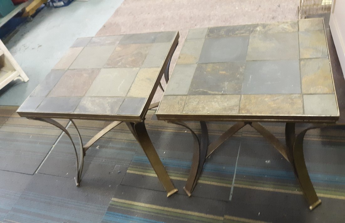 Unique Brutalist End tables wrought iron &Slate 2 x bid: great mid century brutalist design wrought iron base and slate top end tables 24" x 24" top 23 " tall lot of 2 ***********Please note it is 2 x you Bid *************