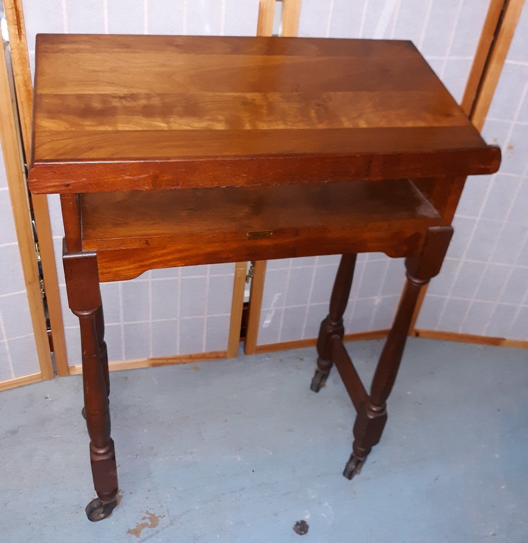 RARE! 1954 Flako Products Corporation Table/Desk: rare solid cherry 1954 flako products rolling display desk used on set set to advertise their baking products right before quaker oats bought them 33" x 13" x 24" very good condition see pics