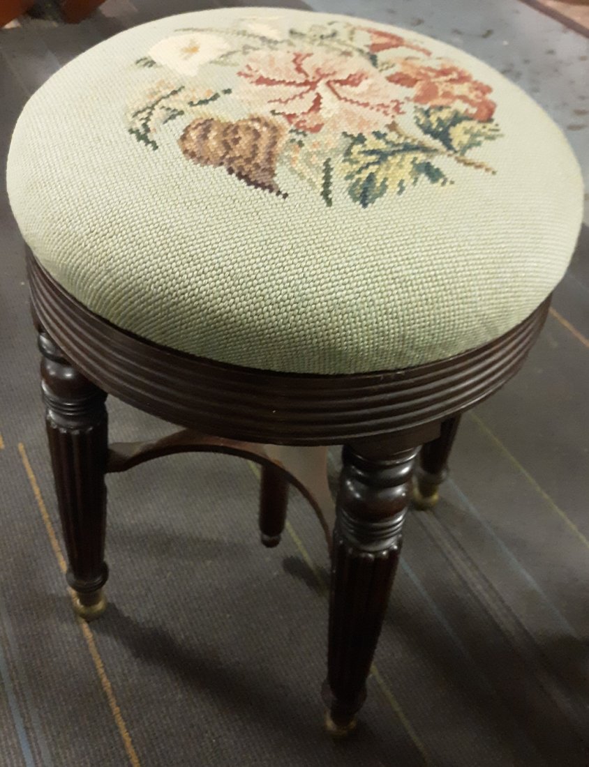 antique mahogany Piano Stool Ornate feet: gorgeous antique wood screw piano stool with needlepoint top and brass or bronze feet 21" tall when down 14" wide seat see picsestate item very good condition