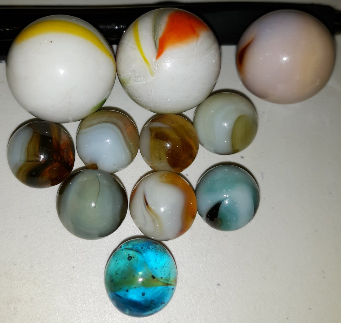 Estate Marbles swirls,opaque,shooters lot of 11: last of the estate marbles! hand made from advanced collector swirls,opaques and more 5/8" -1" ++ see pics