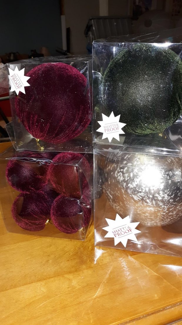 Christmas Holiday Ornament Lot: christmas holiday ornament lot never used! silver,green and burgundy . large silver ornament shatterproof, and assorted velvet ornaments see pic