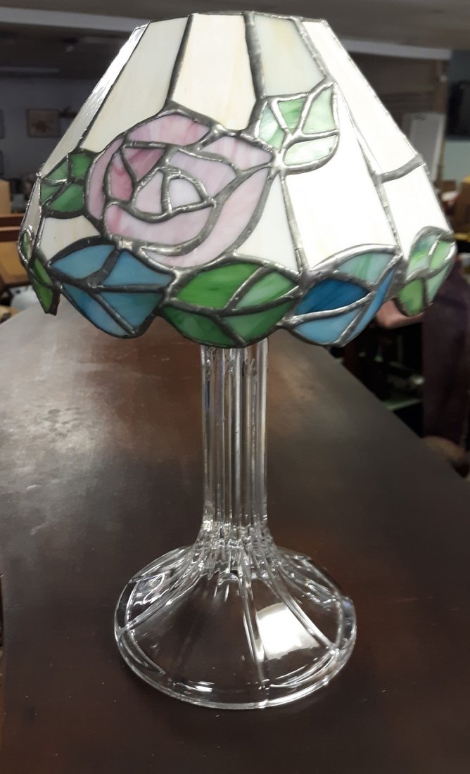 waterford lismore? glass candle lamp lead stained glass: beautiful estate lamp can not find signature but pretty sure its waterford lismore pattern? beautiful stained glass leaded shade 12 1/2" tall see pics no damage