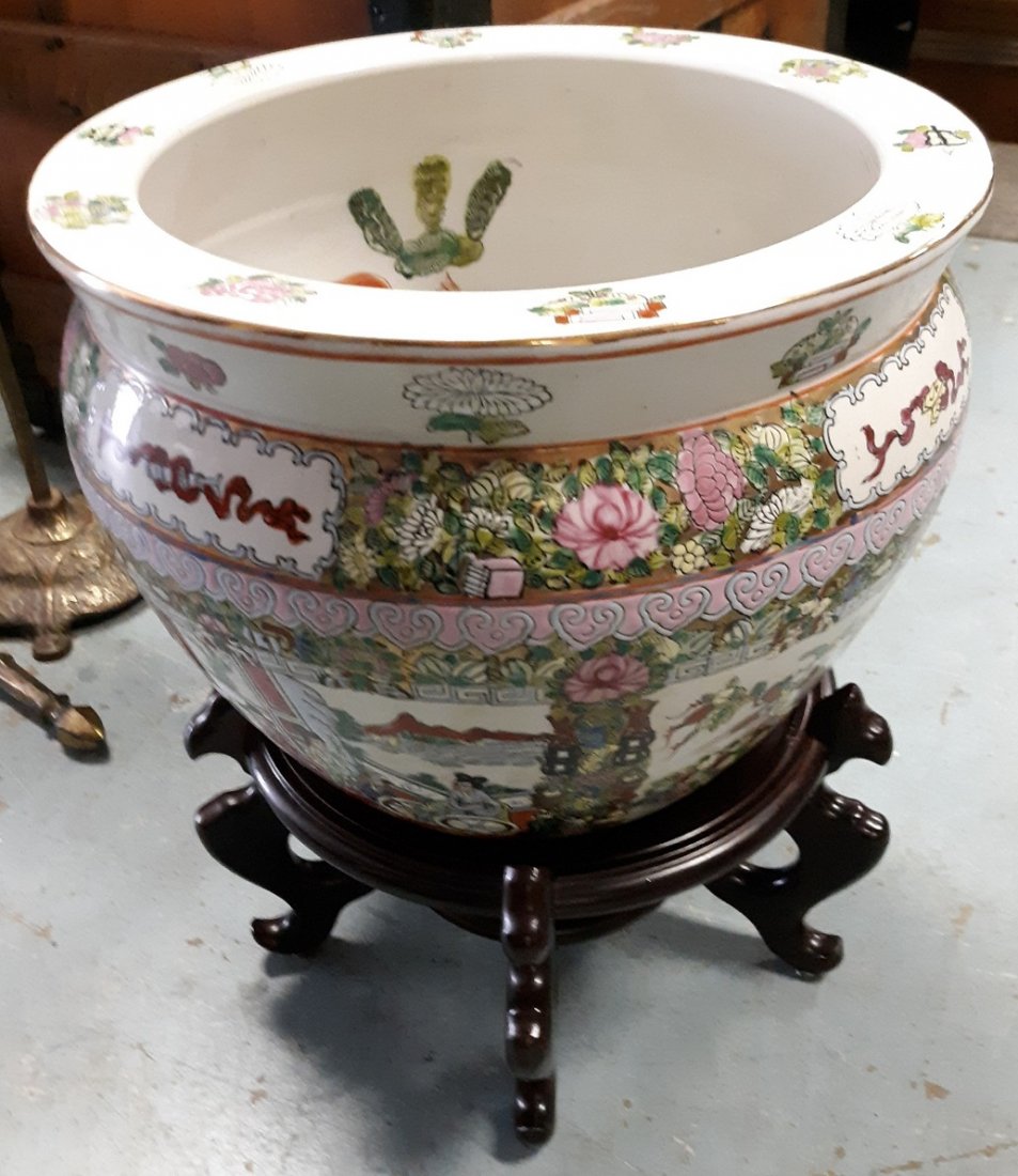 Vintage oriental Koi Fish Bowl planter /stand: gorgeous estate fish bowl planter w/ koi fish design inside and mahogany stand 15 1/2" tall 13 " wide no damage see pics