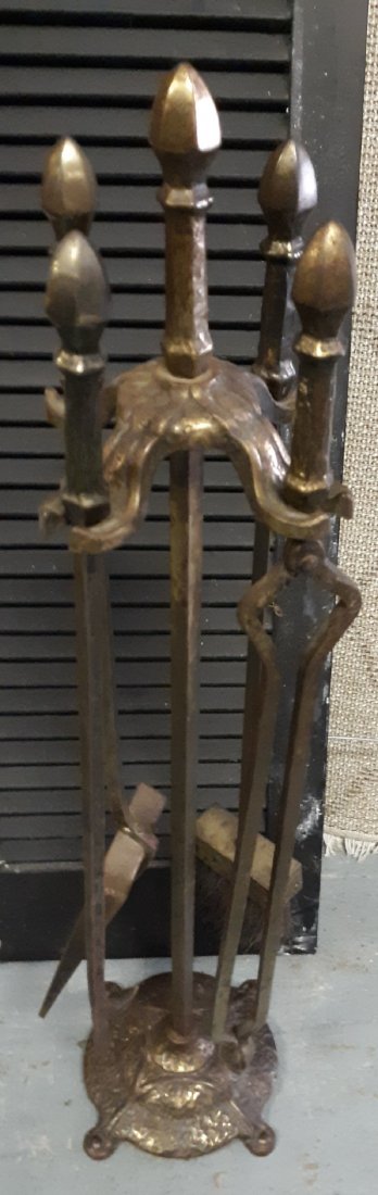 antique/vintage Cahill Fireplace Tool set cast iron bro: beautiful vintage cahill fireplace tool set wrought iron with hammered bronze finish 32 " tall w/shovel pinchers poker dust pan and stand see pics