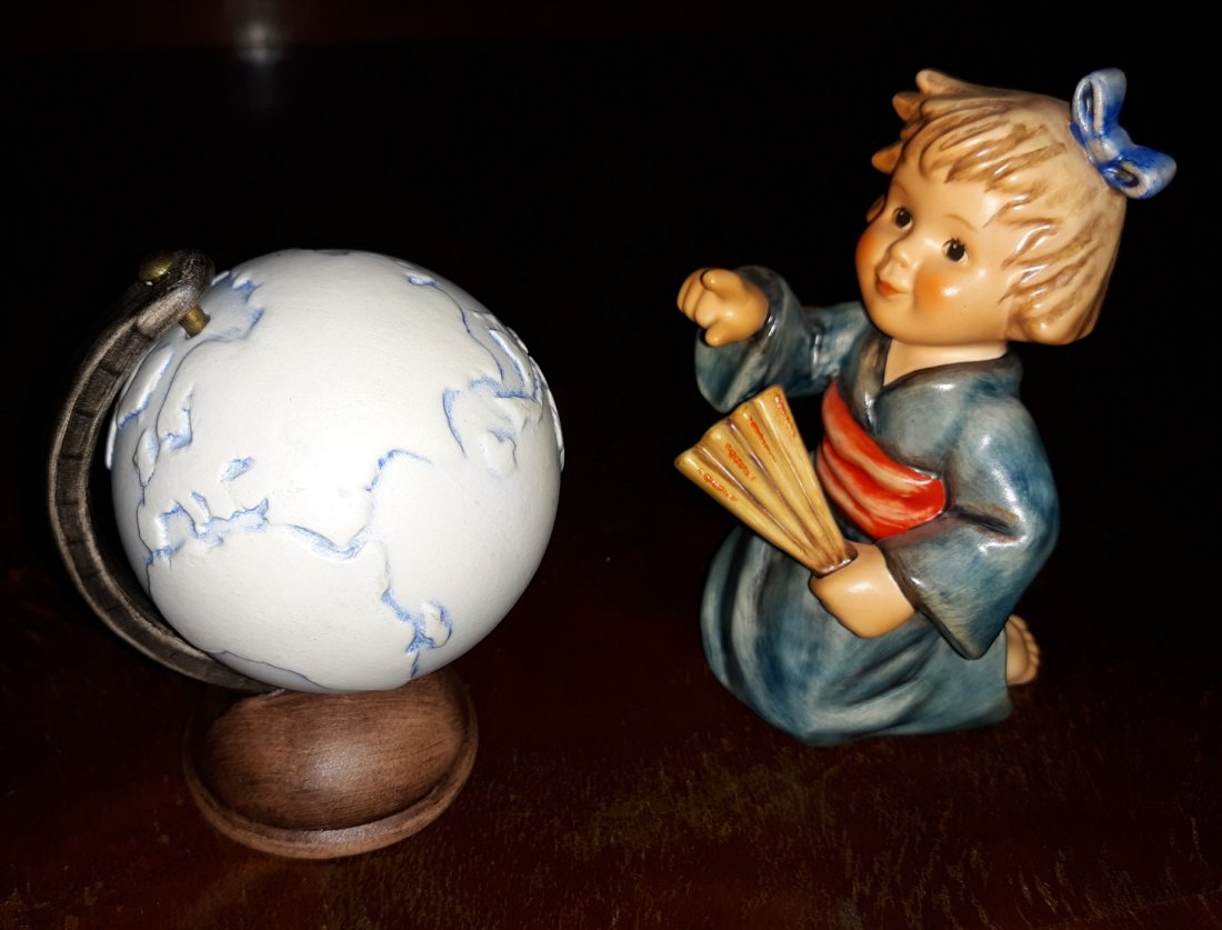 Hummel Goebel Asian Wanderer & matching globe 2x bid: Hummel goebel Asian wanderer and the rare matching globe too both are signed! rare to get both matching pieces and hand signed too! 2063 Asian wanderer and 57 161 wanderer globe no damage to either pi
