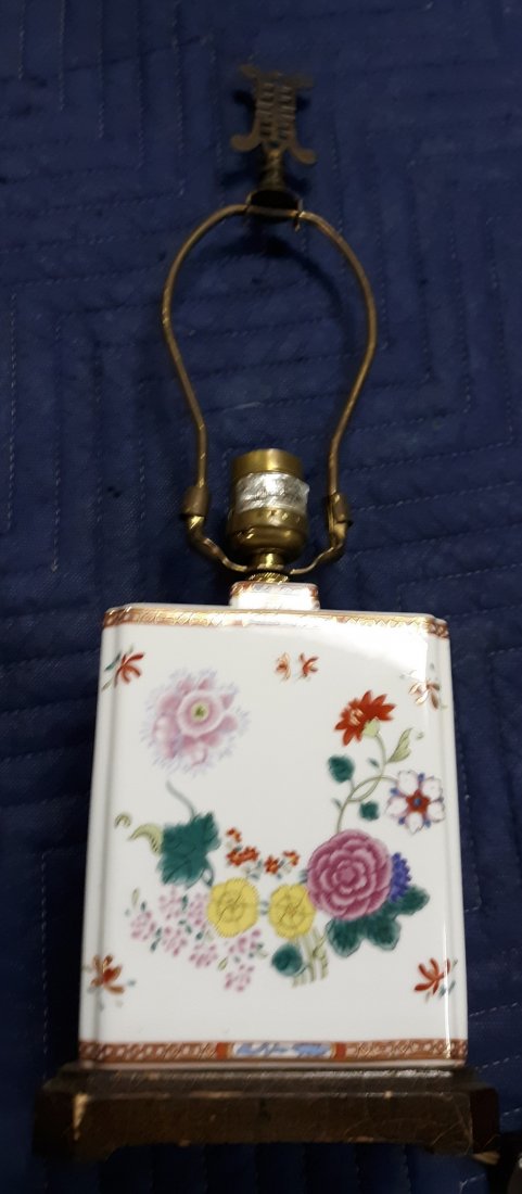 mid century rose medallion rectangular tea caddy lamp: gorgeous estate lamp as you like it company low. lowestoft modern porcelain very good condition crazing on wood bae 19" tall to finial 7" x 5" x 3 1/4" body see pics