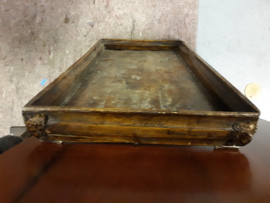 antique Asian tea tray 24": beautiful patina Asian tea tray very old repair on one end metal corners great piece! 12" x 24" see pics