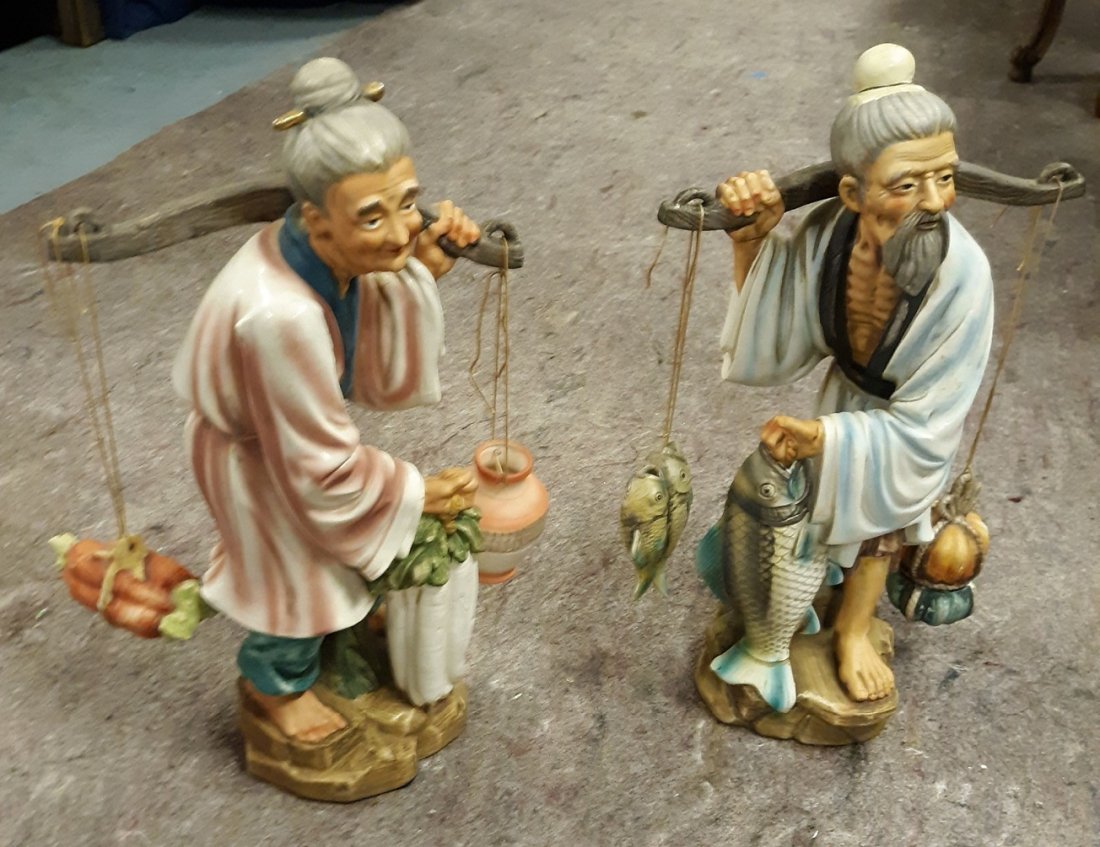 Rare 15" Porcelain Asian Fisherman /Wife Statue 2xbid: very rare to find a mated pair! from estate 2 vintage 60's? japan made porcelain fisherman and wife with yoke and fish gourds vase and carrots. no repairs noted! Beautiful! some gilt loss 15 1/2" tall