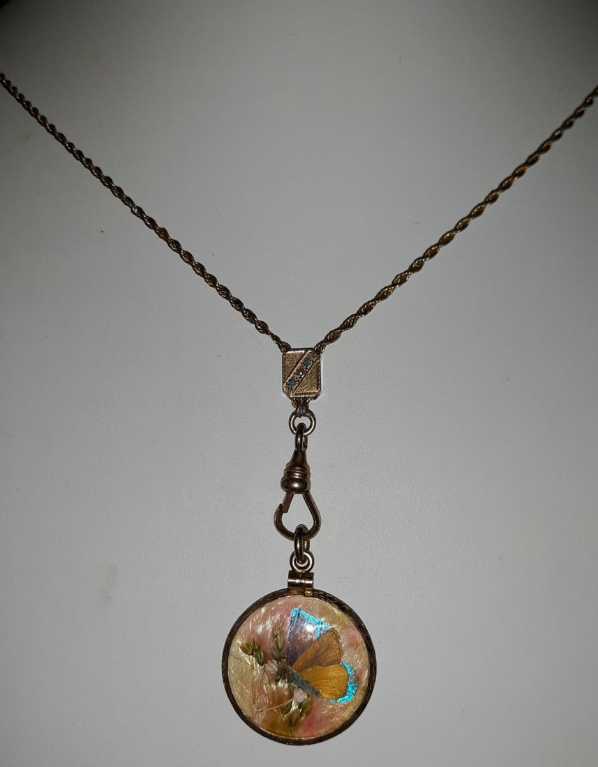 antique Bezl set real butterflys pendant and chain GF: gold filled screw bezel set with 2 different real butterflies pocket watch type clip chain with slide 30" signed HFB early 1900's era H.F Barrows inset opals in slide see pics