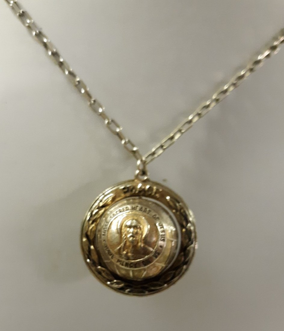vintage religious sacred heart ann gale sterling: beautiful sacred heart jesus globe necklace signed A Gale in for Ann Gale no marking on chain chain is 27" and 1" pendant in good condition see pics