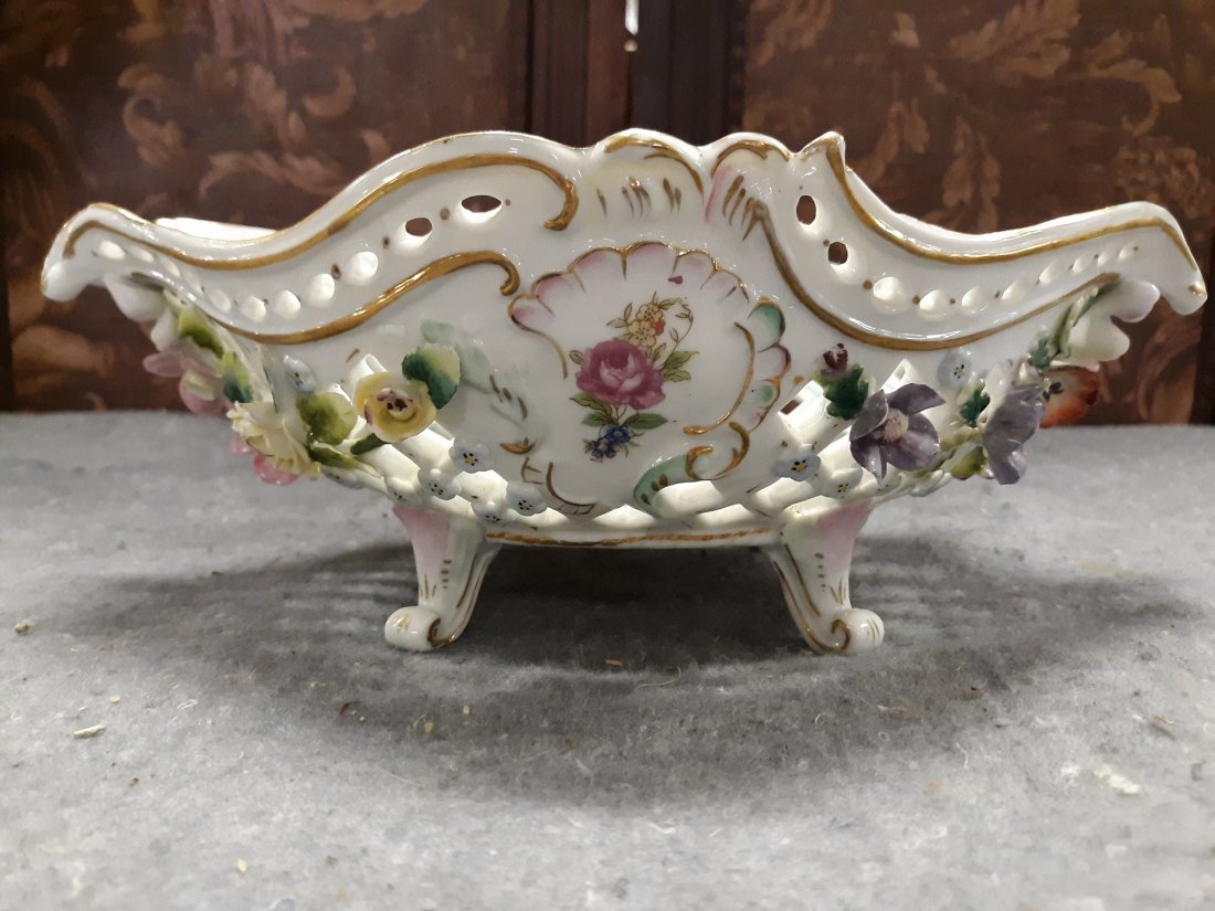 Porcelain Antique Meissen? compote center bowl 11": gorgeous estate porcelain compote meissen? or dresden? no damage noted 11" long marked on bottom not familiar with marking 7 1/4" wide x 4" tall beautiful see pics
