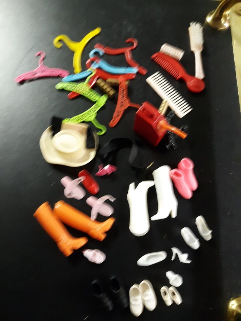 vintage Barbie huge lot of accessories hangers,boots,++: estate collection of barbie stuff boots hangars shoes comb brush gas can hat all pictured for 1 bid see pics