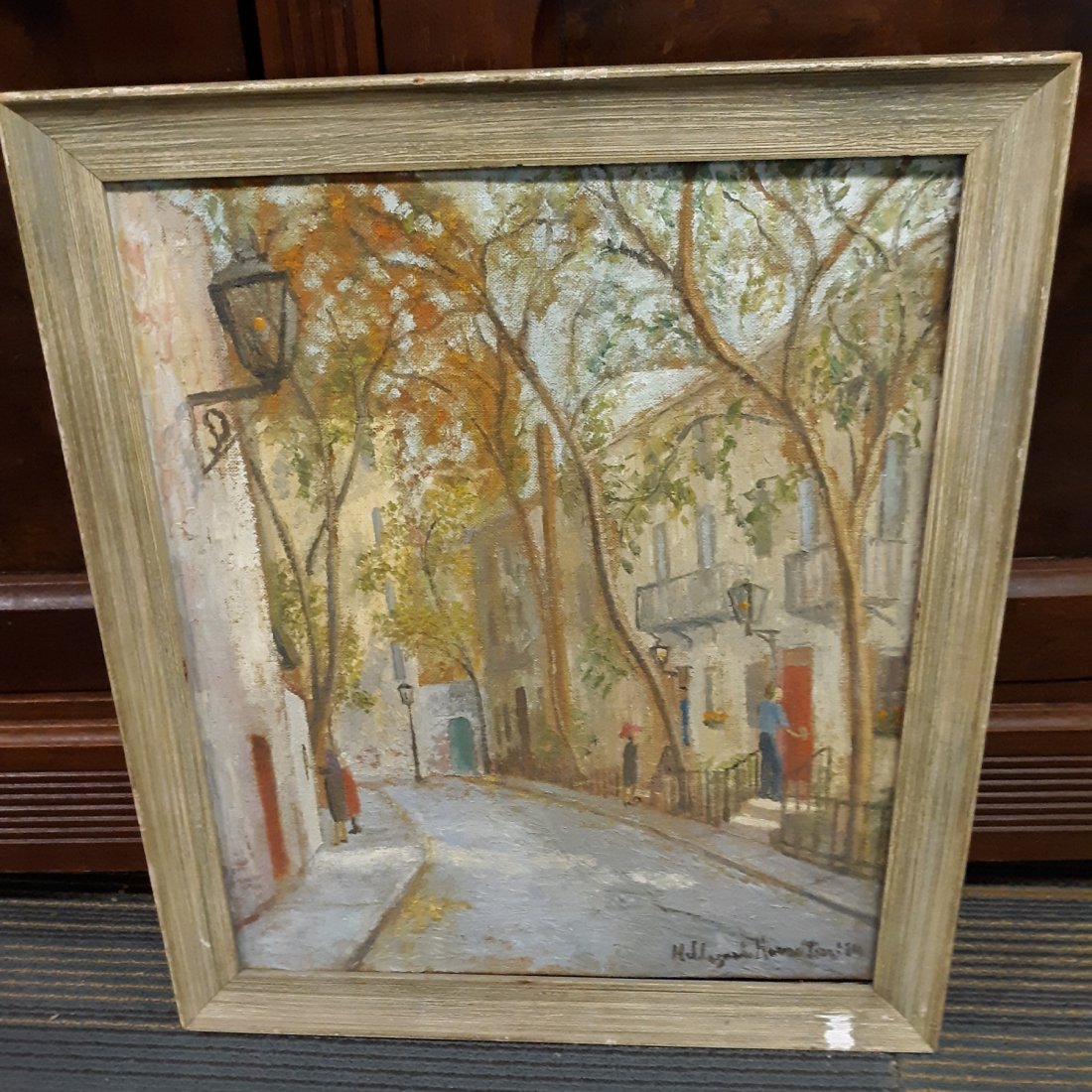 Hildegarde Hamilton Impressionist Street Scene OOC: nice oil on canvas by listed artist Hildegarde Hamilton 1898-1970 oil on canvas signed lower right framed size 21" x 18" condition of painting Good see pics this one is dated around 1940's-50's