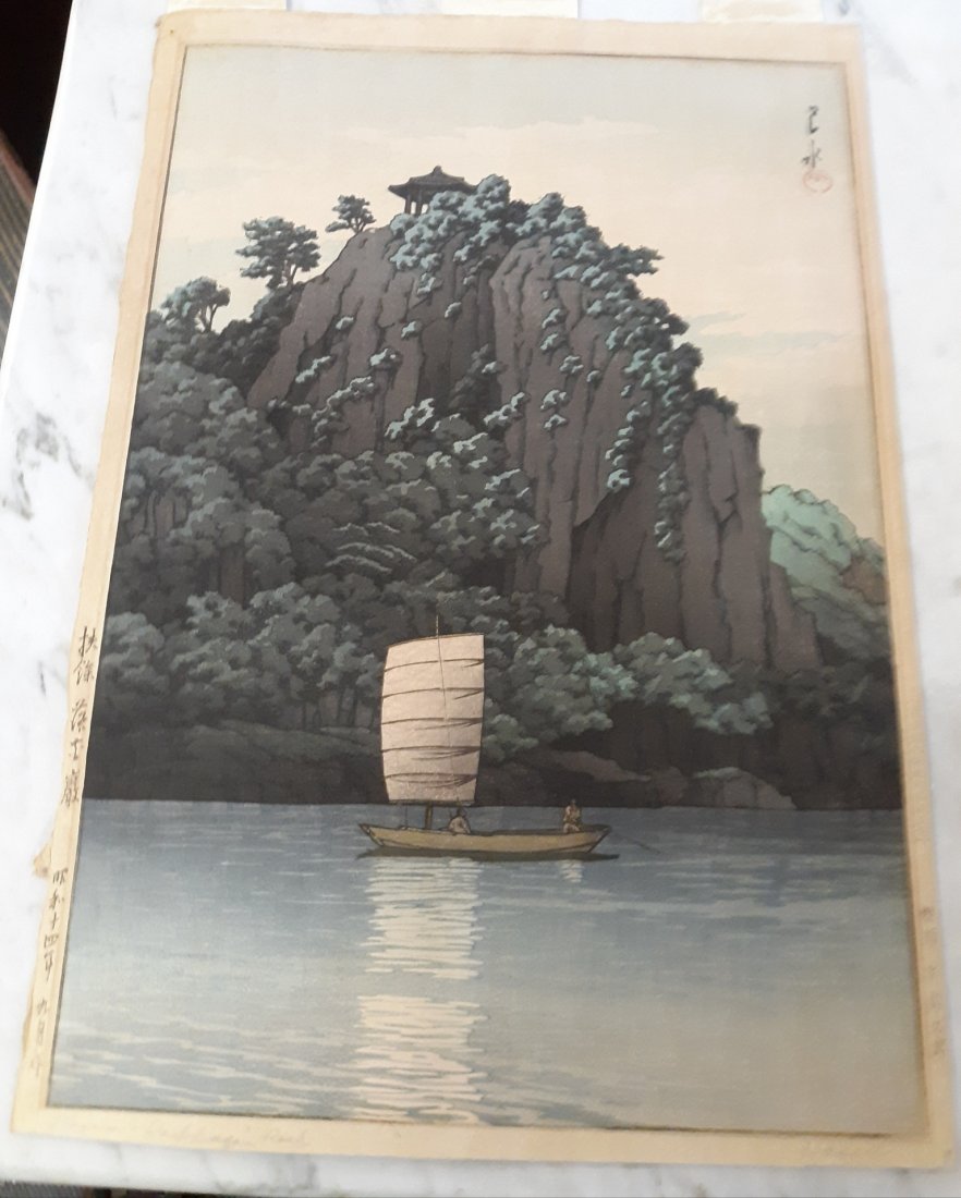 Rare Japanese Woodblock by Kawase Hasui orig signed!: very rare original pencil signed kawase hasui embossed seal to the right side pencil signed with title on bottom right margin rectangular seal of watanabe of tokyo? rare gorgeous wood block check out 