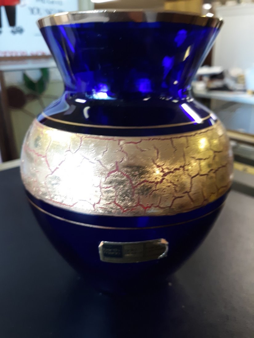 Mid century Barth Mann Cobalt Vase w/24K Trim Exc.: beautiful barth mann cobalt vase with 24K hand decoration win exc condition with orig label 6 1/2" tall