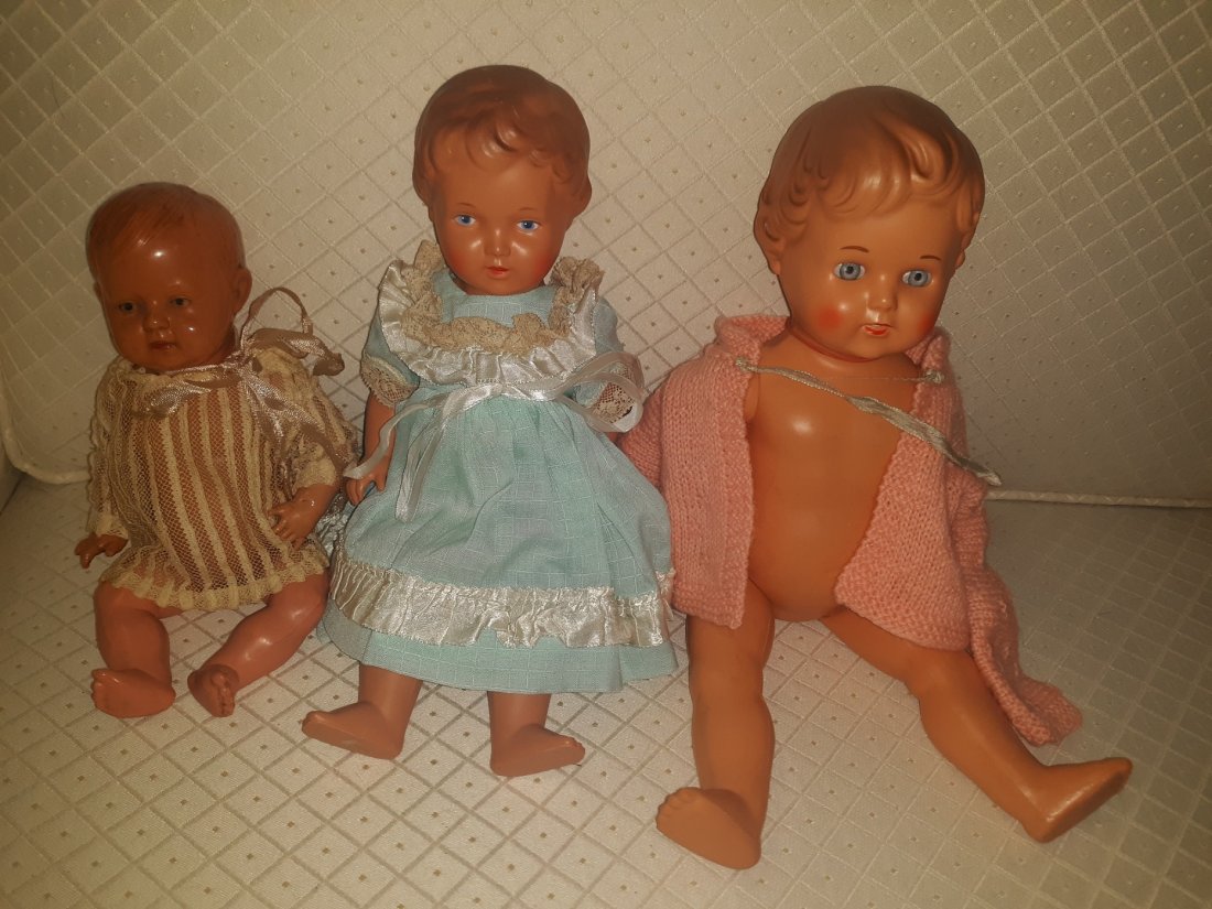 Antique Celluloid 3 Turtle dolls Germany Schildkrot: 3 beautiful antique turtle celluloid dolls 14" 11 1/2" 9" all have turtle mark, smallest on also has germany. #34,29 and 22 1/1 all in very good condition baby looks older and has rattle that works se