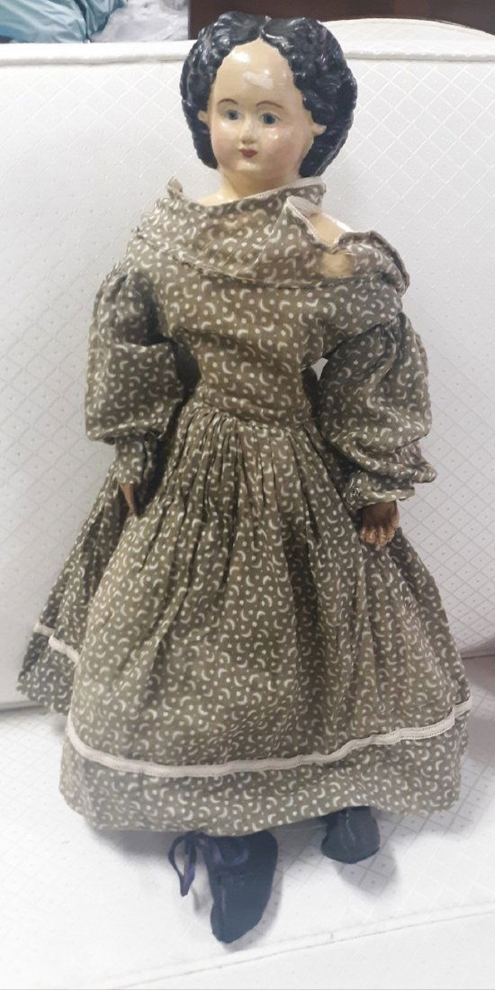 rare 25" Greiner Papier Mache 1858 Doll: from estate collector rare 25" greiner improved pat pend sticker on neck 1858 beautiful doll dress is worn,undergarments are nice,leather arms see pics Don Not miss this One!