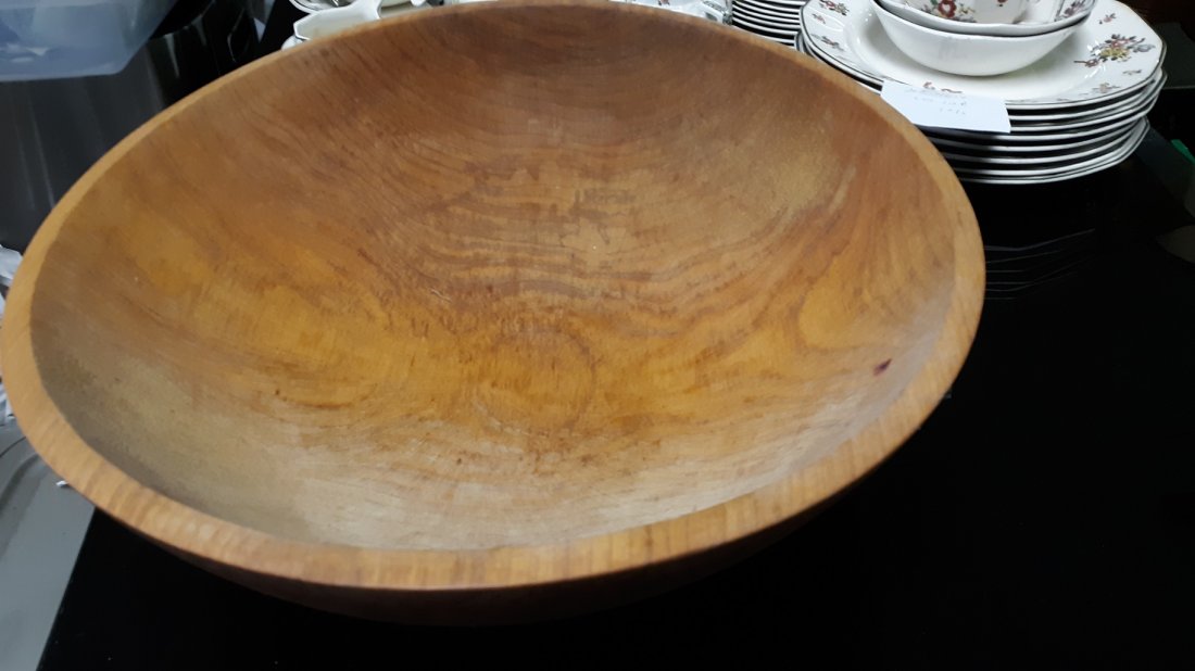 large 17" vintage antique hand ? turned wooden bowl: large 17" wide vintage antique hand ? turned wooden bowl primitive farm dough in good condition see pics 5 1/2" height from estate see pics