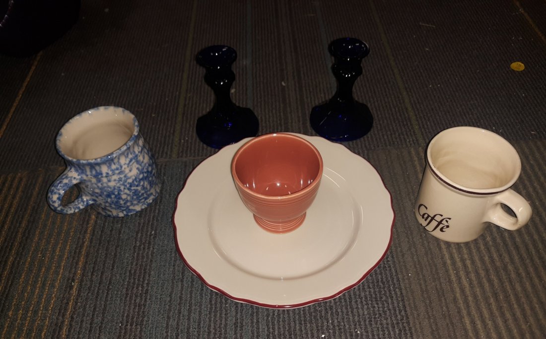 mixed lot of cobalt,fiesta,mccoy,roseville ohio!: nice mixed lot of pottery and cobalt glass candles sticks pair 4" no damage fiesta small cup 3" no damage Roseville spongeware mug 3 1/2" McCoy coffee mug homer Laughlin 9" plate no chips see pics