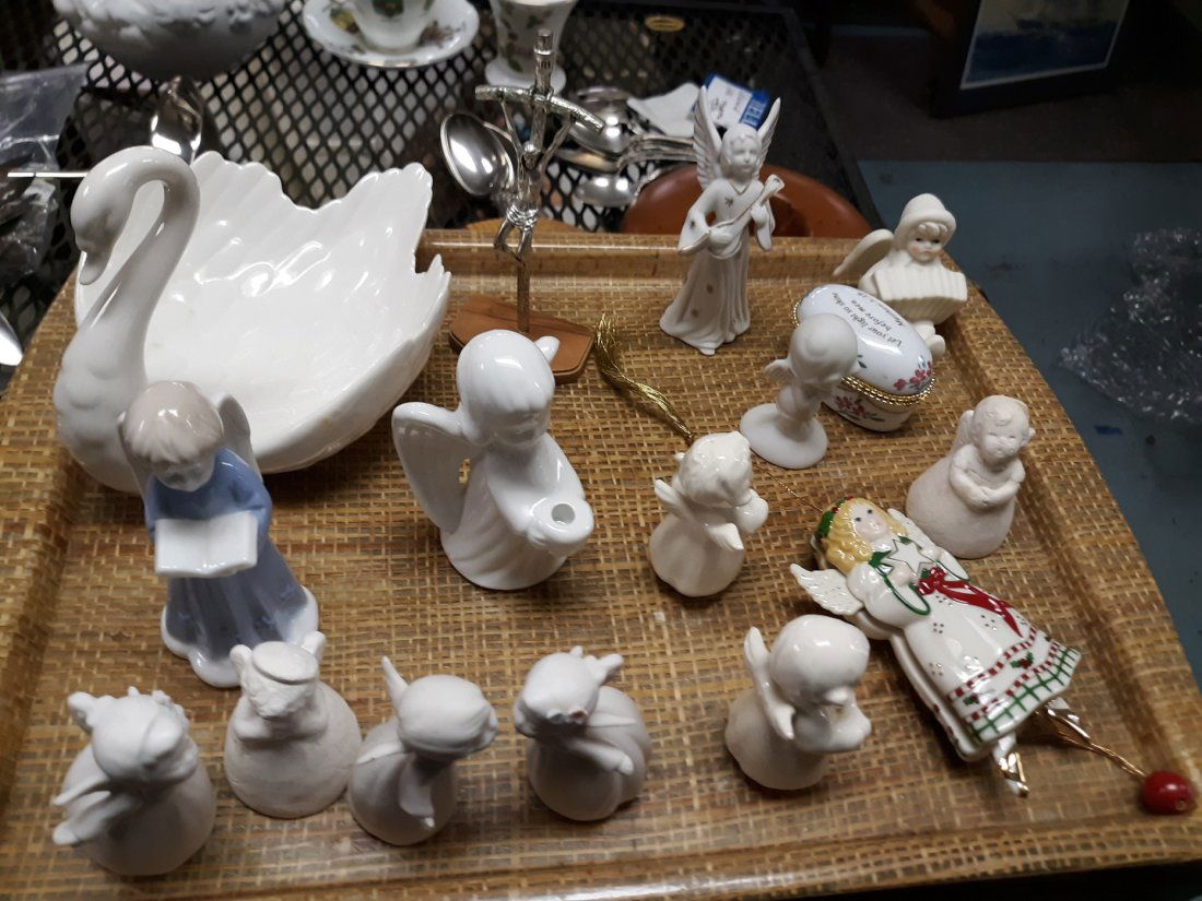 big lot of angels ets.goebel 1967 lenox too! LQQK: large collection of angels goebel 1967 swan,lenox angel,ornament jesus on cross everything picture on the tray but not the tray . see pics